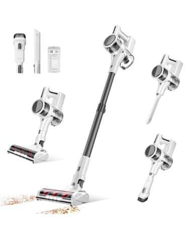 Cordless Vacuum Cleaner, 80,000 RPM Motor and Power Filtration, Stick Vacuum with 2200 mAh Battery, 35 Mins Worktime, 2 Modes, Rotated Multi-Heads, Height-Adjustable Vacuum for Home (Milk Gray)