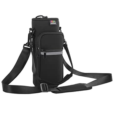 Nuovoware Water Bottle Carrier Bag, 25oz/32oz Bottle Pouch Holder, Adjustable Shoulder Hand Strap 2 Pocket Sling Neoprene Sleeve Sports Accessories for Men/Women Hiking Travelling, Black