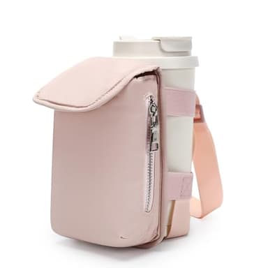 Herald Water Bottle Holder Crossbody Bag with Wide Strap, Puffer Water Bottle Carrier Bag with Phone Pocket, Pink, Casual