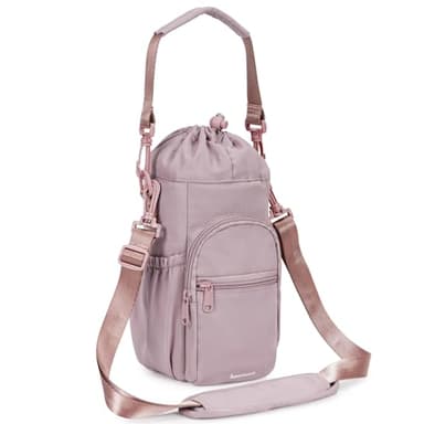 Water Bottle Carrier Bag 32oz 40oz Insulated Pouch Holder with Adjustable Shoulder Strap 2 Pocket Water Bottle Sling Sleeve Bag for Walking Hiking, Matching Pink