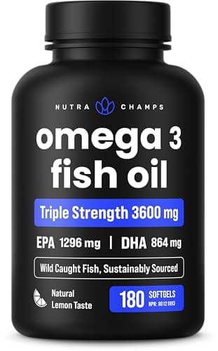 Omega 3 Fish Oil Supplements 3600mg with EPA & DHA | High Potency Omega 3 Supplement to Support Heart, Brain, Joints, Skin, Eyes & Immune Health | 180 Natural Lemon Burpless Fish Oil Capsules