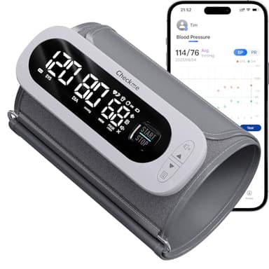 Checkme Rechargeable Blood Pressure Machine for Home Use, Large Screen BP Monitor with Bluetooth, Voice Guided, Dual User Memory (2 * 199), Adjustable Large Cuff, Unlimited Data Stored in APP for iOS & Android
