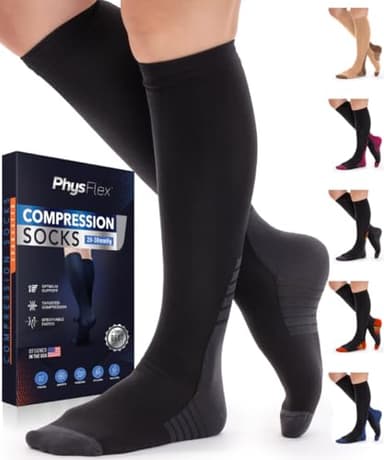 PhysFlex Compression Socks for Women and Men - Best Support for Running, Flying, Pregnancy - Knee High Graduated Compression Stockings (Black, S/M)