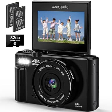 4K 64MP Digital Camera for Photography - Autofocus Vlogging Cameras for YouTube with 18X Zoom - Point and Shoot Digital Camera 3" 180° Flip Screen - Compact Video Camara with 32GB Card and 2 Batteries