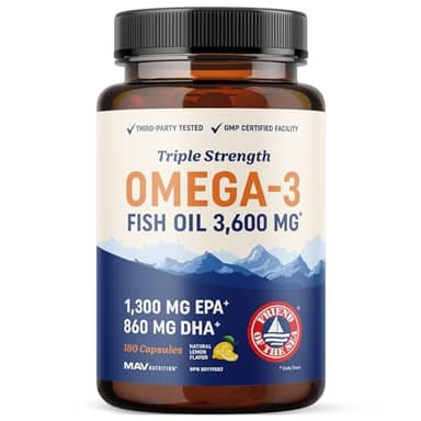 Triple Strength Omega 3 Fish Oil 3600 mg | EPA & DHA | Over 2100mg of Omega-3 Fatty Acids | Over 1300mg EPA + 860mg DHA | Best Essential Fatty Acids | Premium Burpless Softgel Supplements (180 Ct)