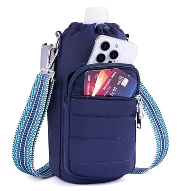 Lexiyat Water Bottle Bag 40 oz Crossbody Water Bottle Holder for Walking Hiking Insulated Compartment Carrier Purse with Adjustable Strap Blue