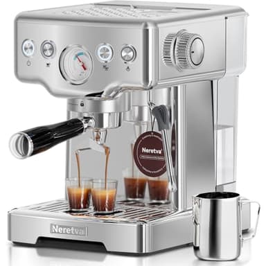 Neretva Espresso Machines 15 Bar, Barista Espresso Maker with Milk Frother Steam Wand, 1450W Stainless Steel Espresso Machine for Latte Cappuccino Expresso Coffee Machine Gift for Coffee Lovers-Silver