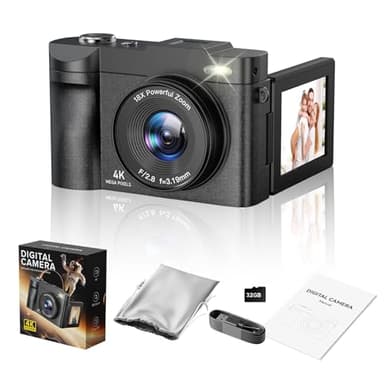 4K Digital Camera for Photography- 50MP Autofocus Vlogging Camera with 2.8" 180°Flip Screen, 18X Digital Zoom- Compact Point and Shoot Camera with 32GB TF for YouTube, Travel, Beginners, Black