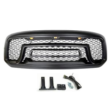 Paragon Front Grille for 2013-18 Dodge Ram 1500 (Incl. 2019 Classic Models) - Matte Black Rebel Style Grill with Three LED Lights (Black Letters)