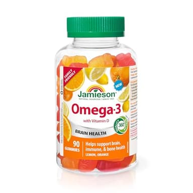Jamieson Omega-3 Gummies with Vitamin D3, Orange and Lemon Flavours, Family Friendly (3+). Supports Brain Health and Immune Health, Gluten-Free, Non-GMO, No Artificial Colours, Flavours, or Preservatives 90 Count