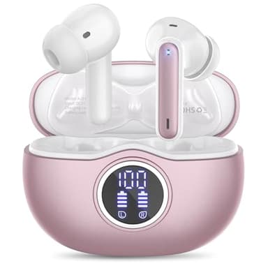 Wireless Earbuds, Bluetooth Headphones with Stereo Sound, LED Power Display Earphones with 50H Playtime Wireless Charging Case, IPX7 Waterproof Ear Buds with Mic for iPhone and Android, Rose Gold