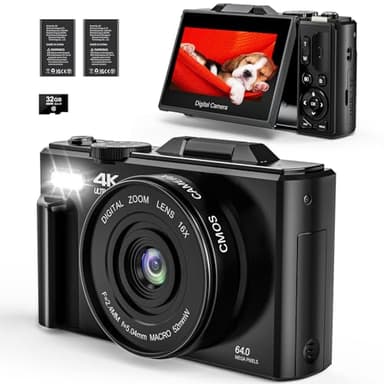 4K Digital Camera for Photography - 64MP Autofocus Vlogging Cameras for YouTube - Compact Video Camera Point and Shoot Digital Camara with 3'' 180° Flip Screen, 18X Zoom, 32GB SD Card, 2 Batteries