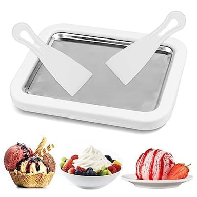 Ice Cream Maker Plate with 2 Spatulas for Homemade Rolled Ice Cream, Frozen Yogurt, Gelato, and Sorbet. Manual Stainless Steel Pan (White)