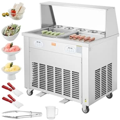 VEVOR Fried Ice Cream Roll Machine, 2Pcs 13.8" x 13.8" Square Stir-Fried Ice Cream Pans, Stainless Steel Commercial Rolled Ice Cream Maker with Compressor and 4 Scrapers, for Ice Cream, Frozen Yogurt