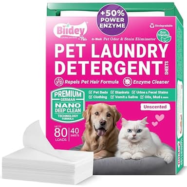 Pet Laundry Detergent Safe for Dog Cat - Urine Odor Eliminator for Strong Odor, Enzyme Cleaner Destroyer, Peed Stain Remover, Pet Hair Remover for Laundry w/Dryer Sheets Feature, 80 Loads