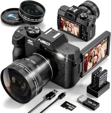 NBD 4K Digital Camera for Photography 48MP Video Vlogging Camera for YouTube with 3" 180° Flip Screen WiFi, 16X Digital Zoom Cameras with 32GB Micro Card, Wide-Angle & Macro Lens (Black)