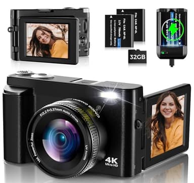 4K Digital Camera for Photography Autofocus, 48MP Vlogging Camera for YouTube with 3'' 180° Flip Screen, 16X Zoom, Anti-Shake,Compact Point Shoot Digital Camera with 32GB Card, 2 Batteries (Black)
