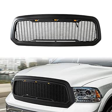 DIBON AUTO Front Honeycomb Grill for Dodge RAM 1500 2013-2018 Dodge RAM 1500 Classic 2019-2021 Grille Matte Black with LED Lights