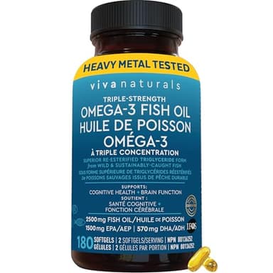Triple Strength Fish Oil Omega 3 Supplements - 2500 mg Fish Oil with Re-Esterified Omega-3 Fatty Acids including EPA and DHA for Cognitive Health & Brain Function - 180 Softgels