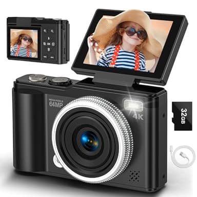 4K Digital Camera for Photography, 64MP Vlogging Camera for YouTube with 180° Flip Screen and Macro Function, 16X Zoom UHD Autofocus Video Camara with 32GB SD Card for Kids Teens Boys Girls