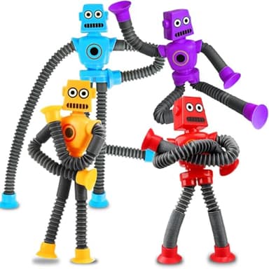 Robot Sensory Toys Stocking Stuffer For Kid Boys Year Old Ages 3 4 5 6 7 8 9 10(4PCS), Suction Autism Toy Pop Tube Fidget Toys Autistic Travel Toys Valentine's Day Gift Easter Basket For Kids Toddlers