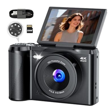Digital Camera 4K for Photography Vlogging: 56MP Cameras with Mode Dial for Video - 16X Zoom Photo Camera Gifts for Teens Ages 8-16 - 180°Flip Screen Compact Cámara - Point and Shoot Digital Cameras